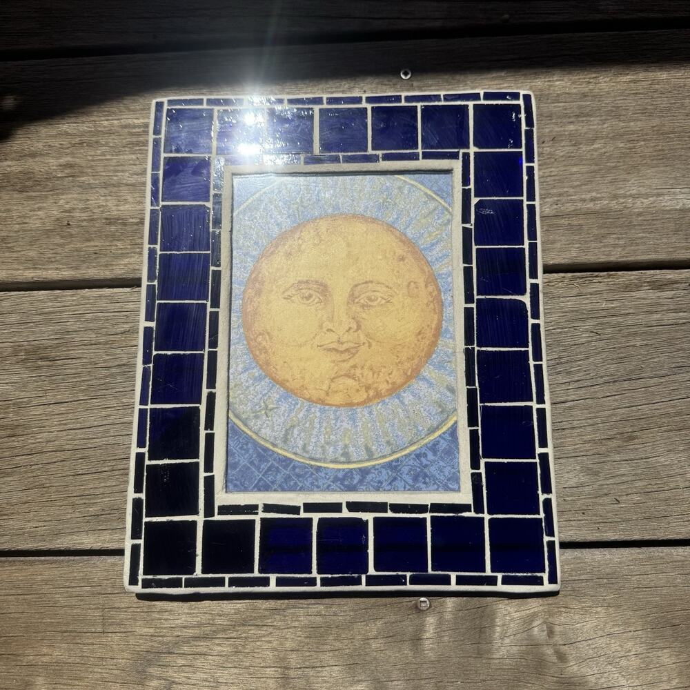 90s Vintage Celestial Sun Print Blue Stained Glass 10x8in Frame Whimsygoth Moon